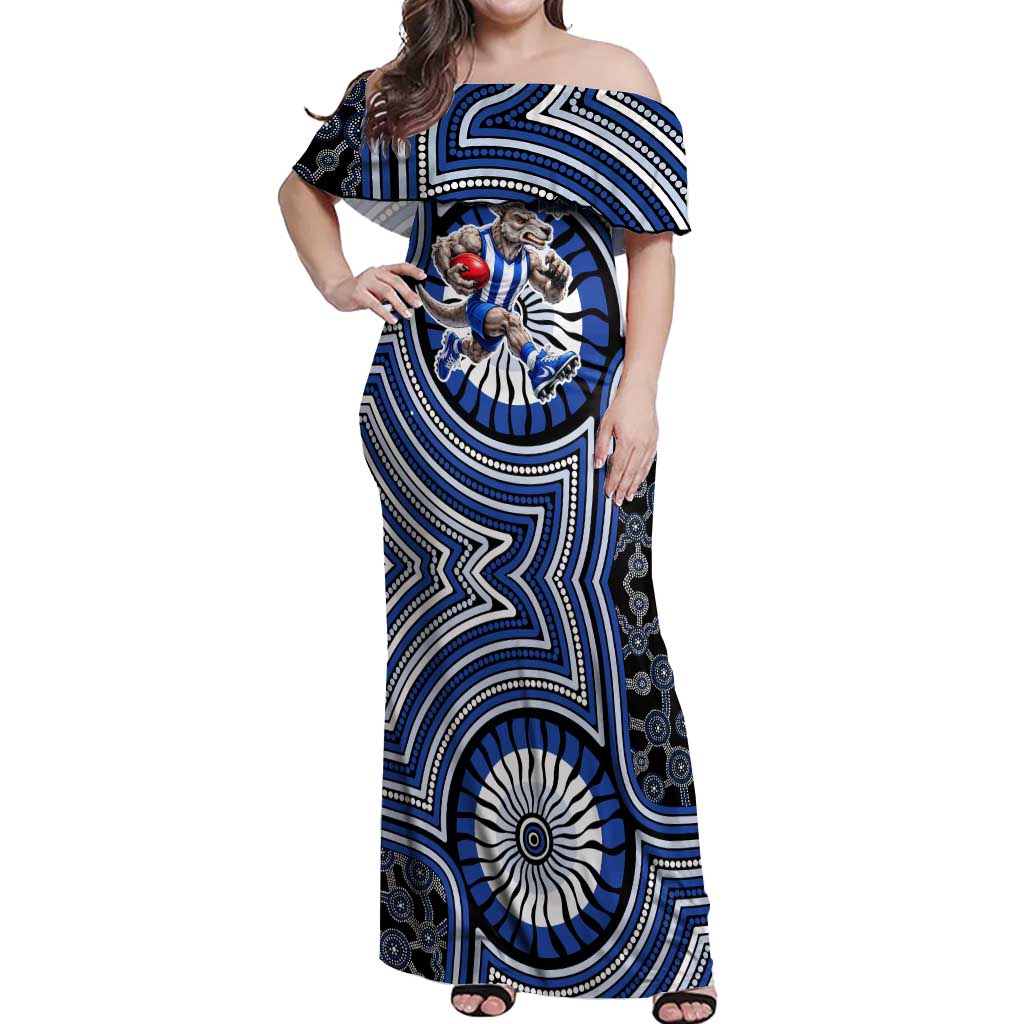 North Melbourne Kangaroos Off Shoulder Maxi Dress Indigenous Monochrome Dot Art Mascot Style