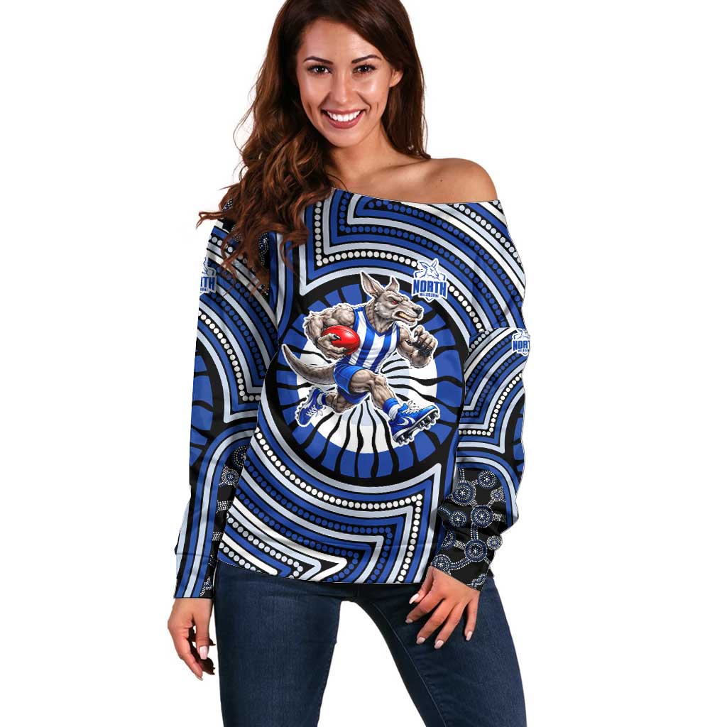 North Melbourne Kangaroos Off Shoulder Sweater Indigenous Monochrome Dot Art Mascot Style