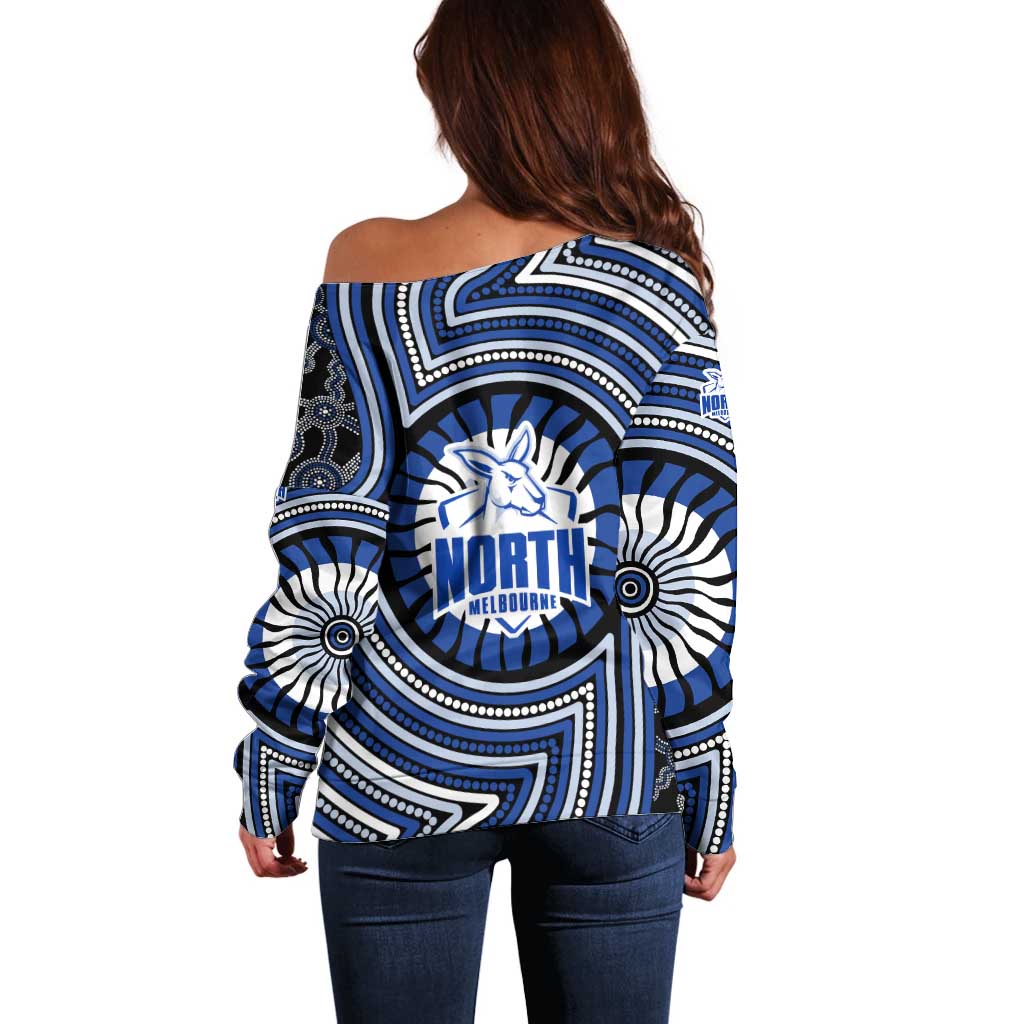 North Melbourne Kangaroos Off Shoulder Sweater Indigenous Monochrome Dot Art Mascot Style