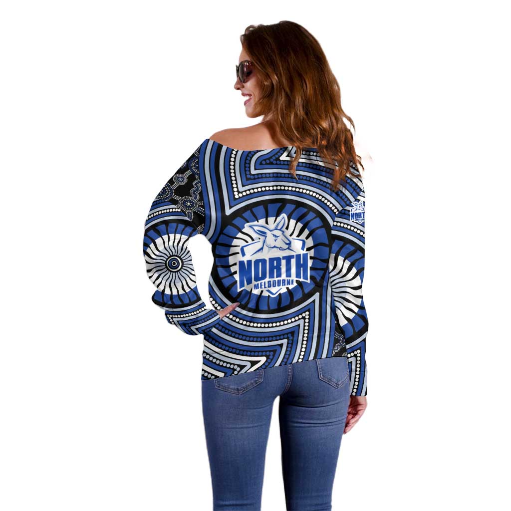 North Melbourne Kangaroos Off Shoulder Sweater Indigenous Monochrome Dot Art Mascot Style