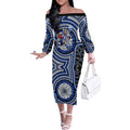 North Melbourne Kangaroos Off The Shoulder Long Sleeve Dress Indigenous Monochrome Dot Art Mascot Style