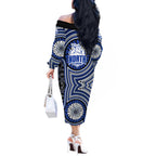North Melbourne Kangaroos Off The Shoulder Long Sleeve Dress Indigenous Monochrome Dot Art Mascot Style