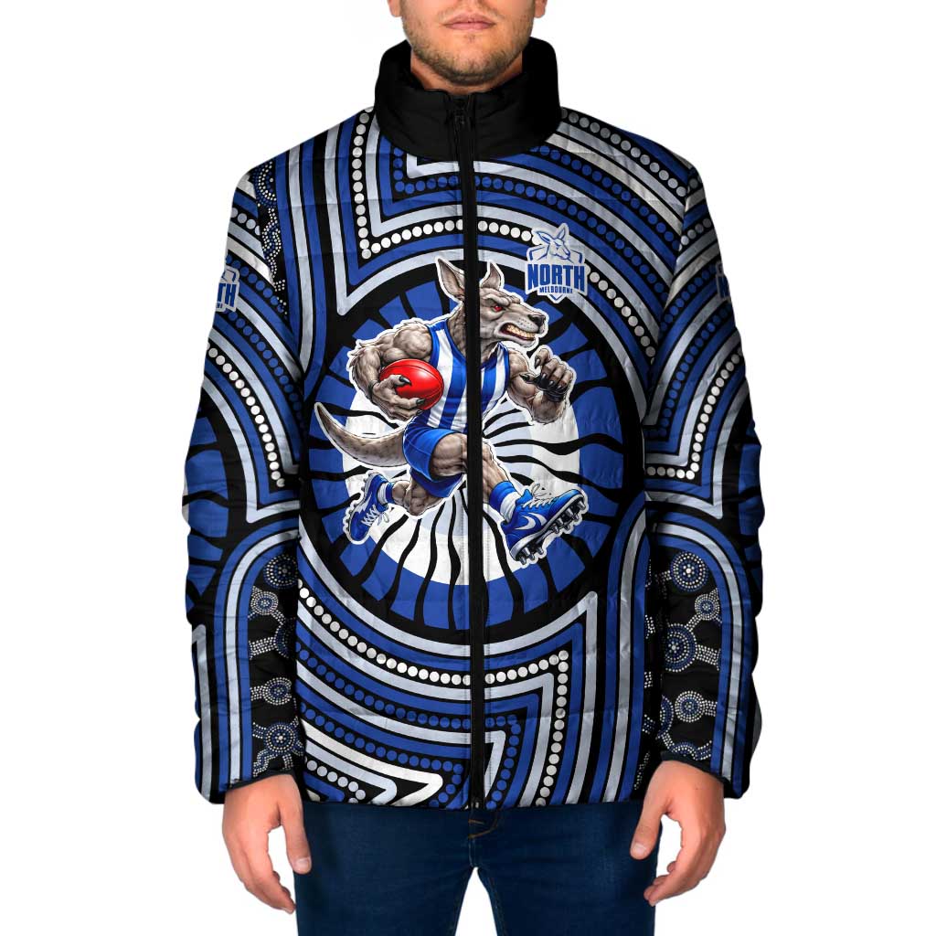 North Melbourne Kangaroos Padded Jacket Indigenous Monochrome Dot Art Mascot Style
