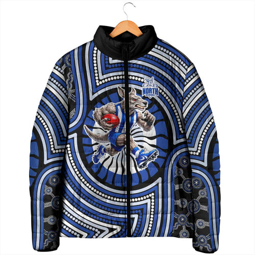 North Melbourne Kangaroos Padded Jacket Indigenous Monochrome Dot Art Mascot Style