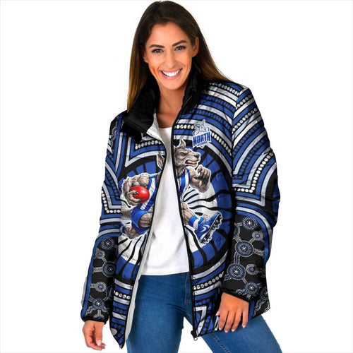 North Melbourne Kangaroos Padded Jacket Indigenous Monochrome Dot Art Mascot Style