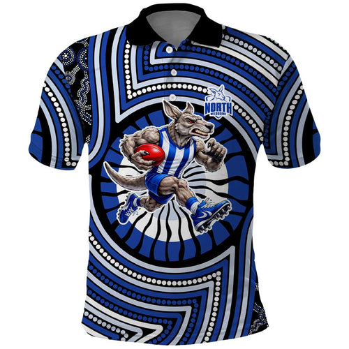 North Melbourne Kangaroos Polo Shirt Indigenous Monochrome Dot Art Mascot Style
