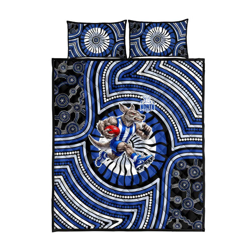 North Melbourne Kangaroos Quilt Bed Set Indigenous Monochrome Dot Art Mascot Style