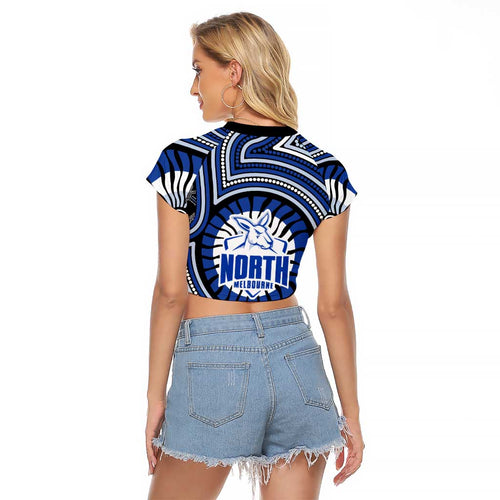North Melbourne Kangaroos Raglan Cropped T Shirt Indigenous Monochrome Dot Art Mascot Style