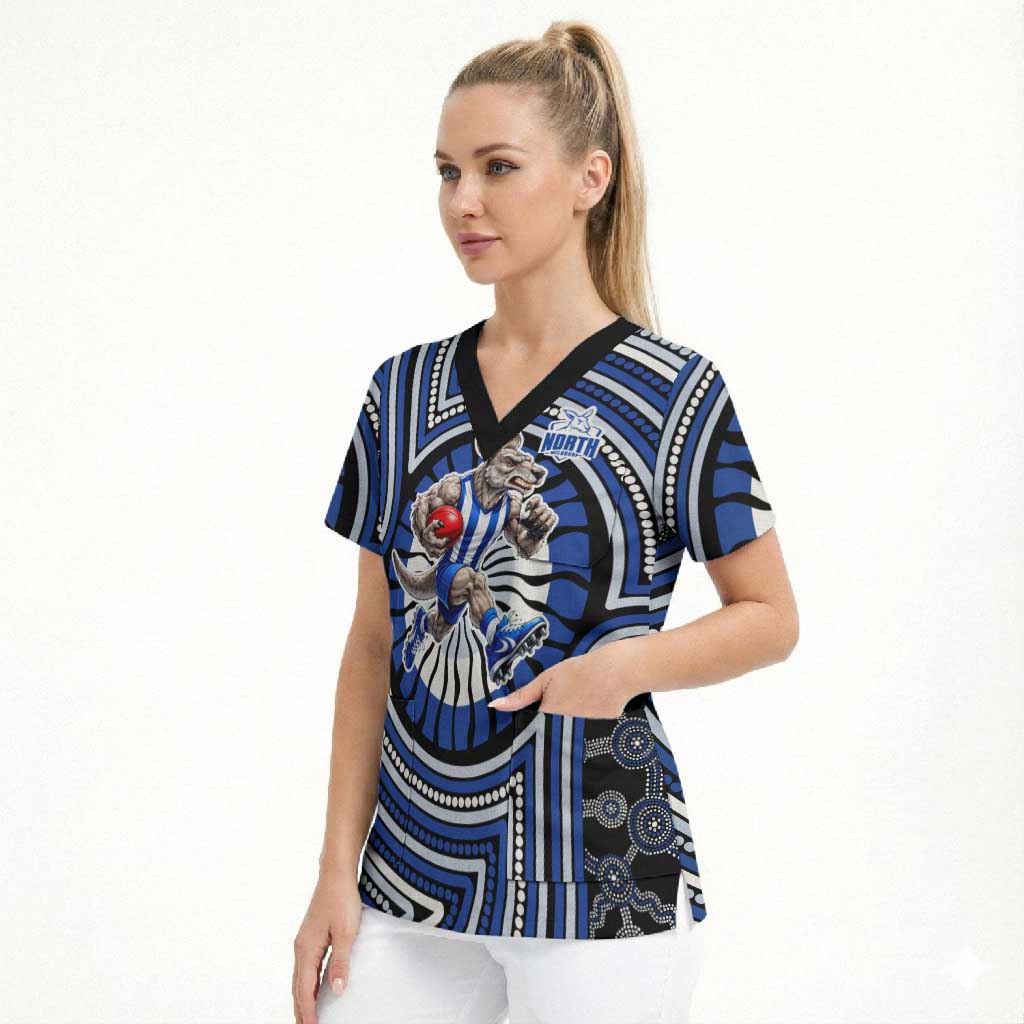 North Melbourne Kangaroos Scrub Top Indigenous Monochrome Dot Art Mascot Style