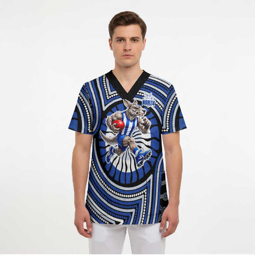 North Melbourne Kangaroos Scrub Top Indigenous Monochrome Dot Art Mascot Style