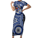 North Melbourne Kangaroos Short Sleeve Bodycon Dress Indigenous Monochrome Dot Art Mascot Style