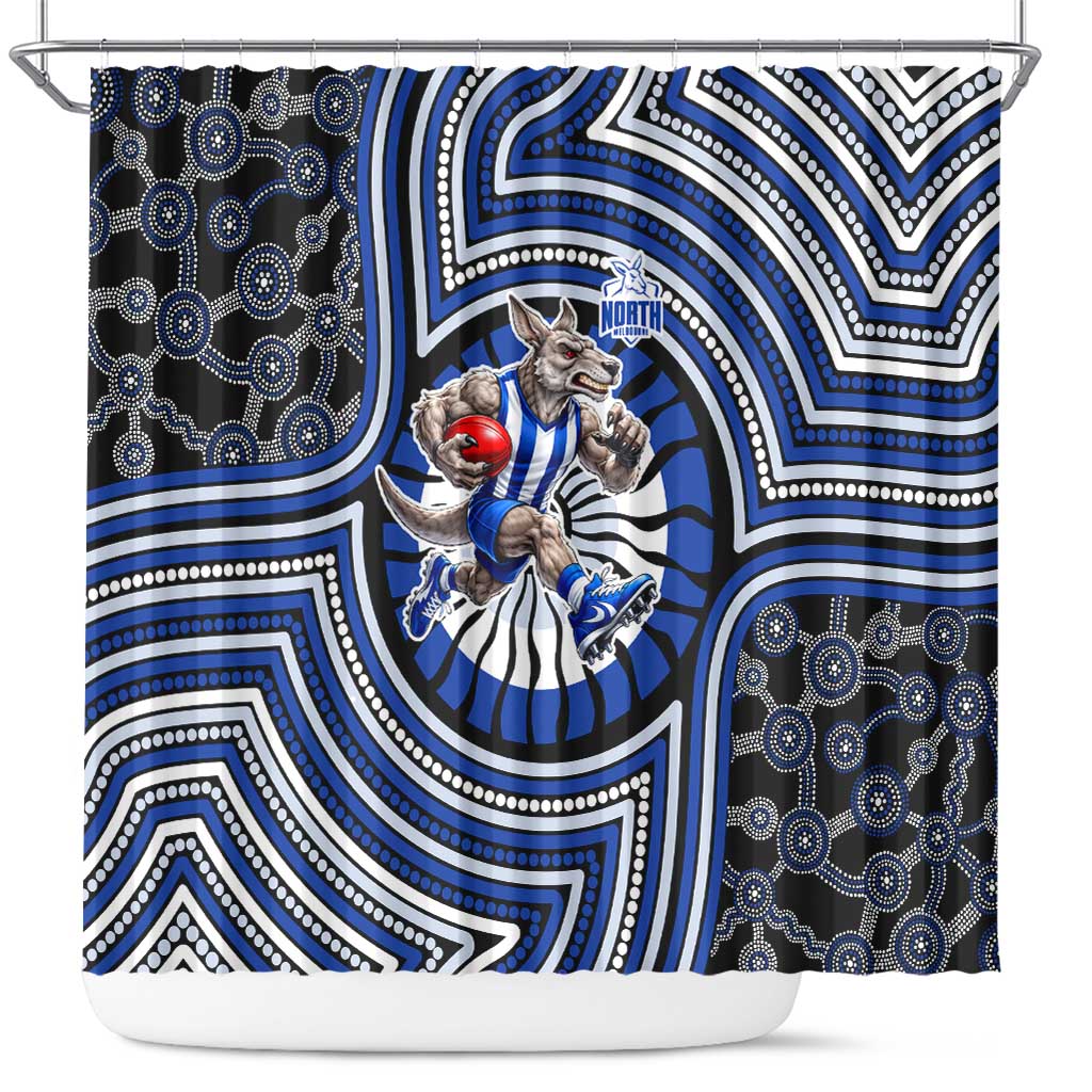 North Melbourne Kangaroos Shower Curtain Indigenous Monochrome Dot Art Mascot Style