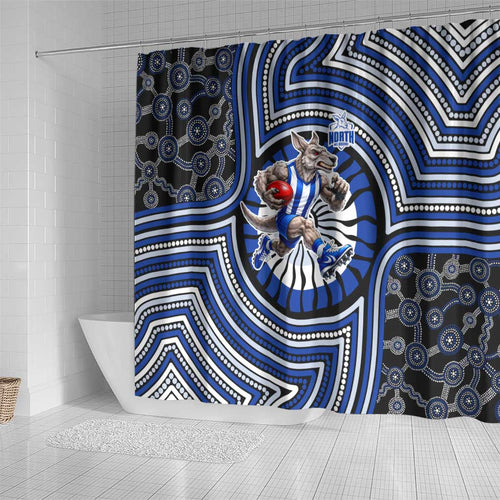 North Melbourne Kangaroos Shower Curtain Indigenous Monochrome Dot Art Mascot Style