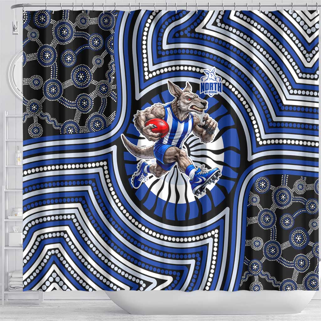North Melbourne Kangaroos Shower Curtain Indigenous Monochrome Dot Art Mascot Style
