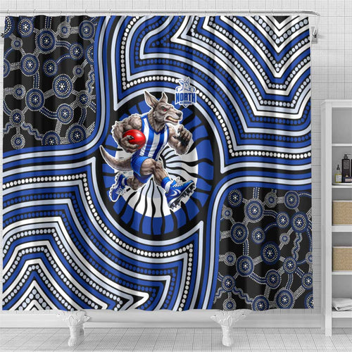 North Melbourne Kangaroos Shower Curtain Indigenous Monochrome Dot Art Mascot Style
