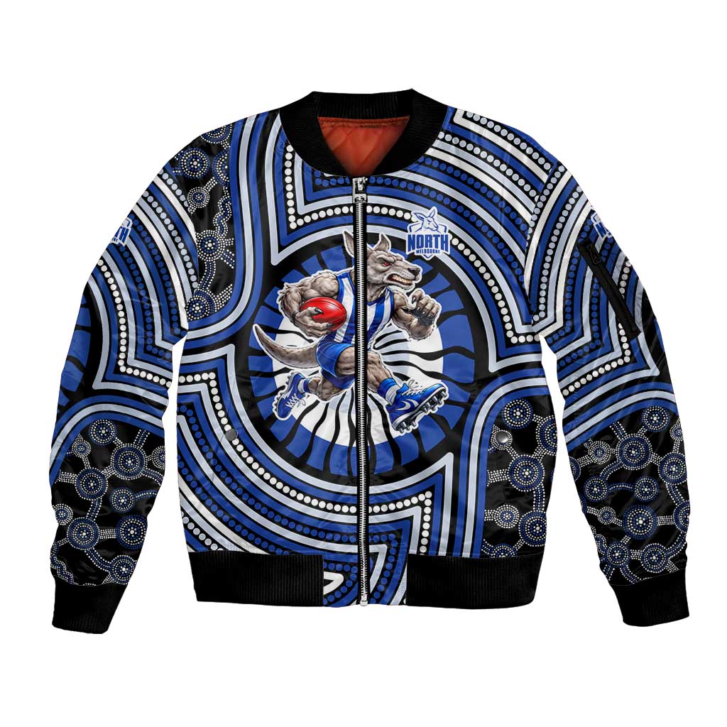North Melbourne Kangaroos Sleeve Zip Bomber Jacket Indigenous Monochrome Dot Art Mascot Style