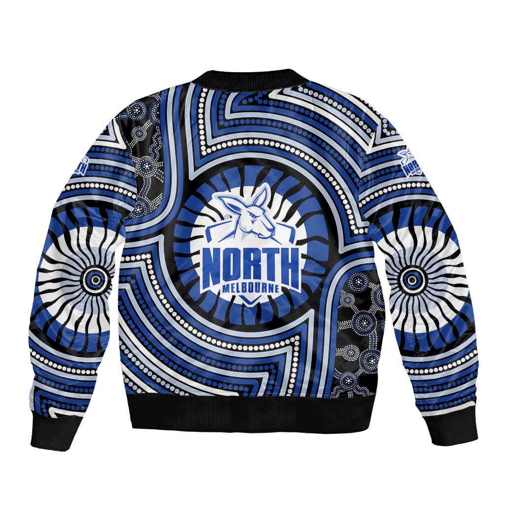 North Melbourne Kangaroos Sleeve Zip Bomber Jacket Indigenous Monochrome Dot Art Mascot Style