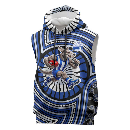 North Melbourne Kangaroos Sleeveless Hoodie Indigenous Monochrome Dot Art Mascot Style