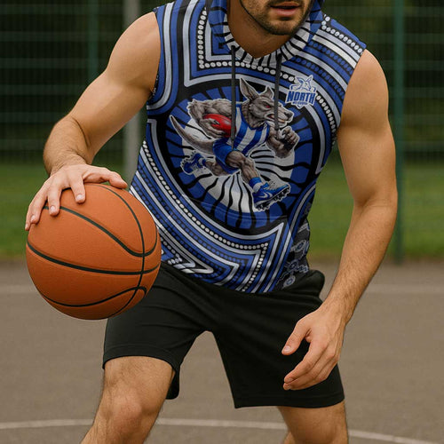 North Melbourne Kangaroos Sleeveless Hoodie Indigenous Monochrome Dot Art Mascot Style