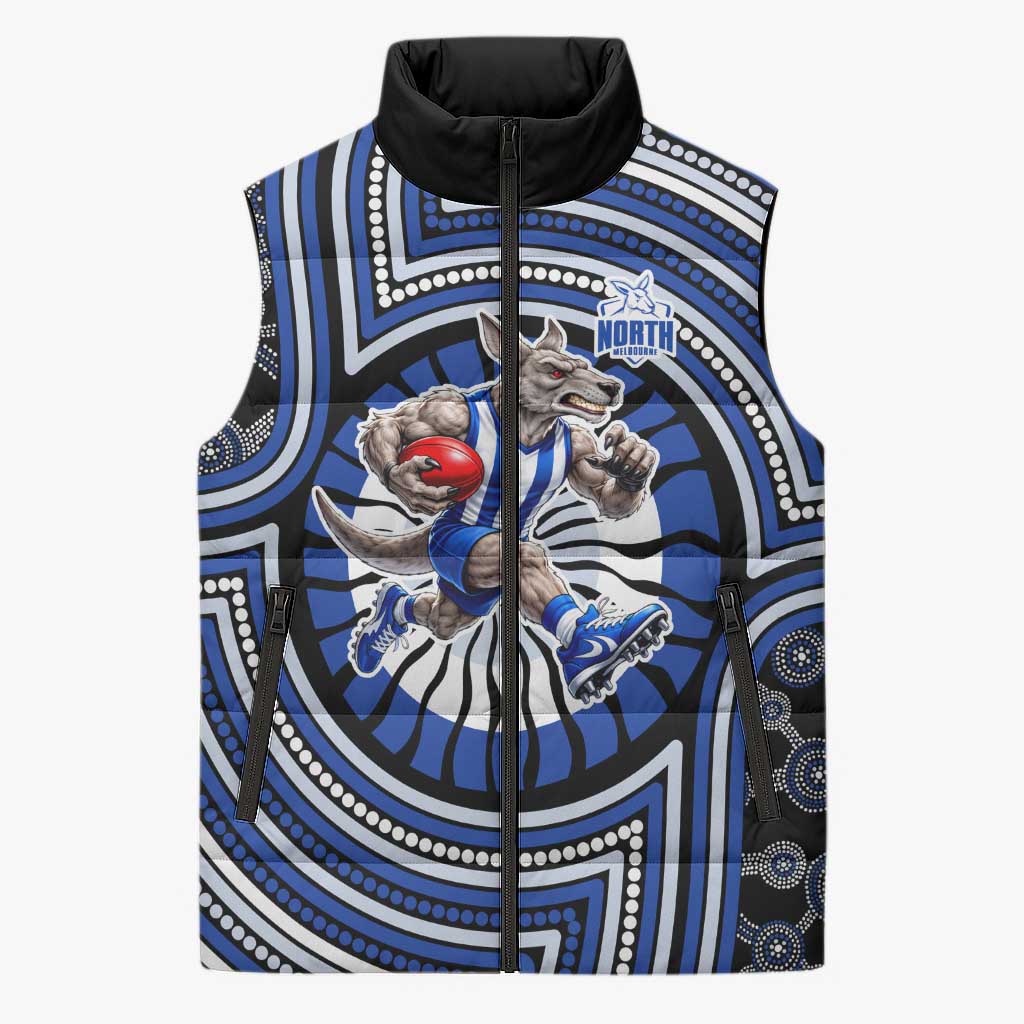 North Melbourne Kangaroos Sleeveless Puffer Jacket Indigenous Monochrome Dot Art Mascot Style
