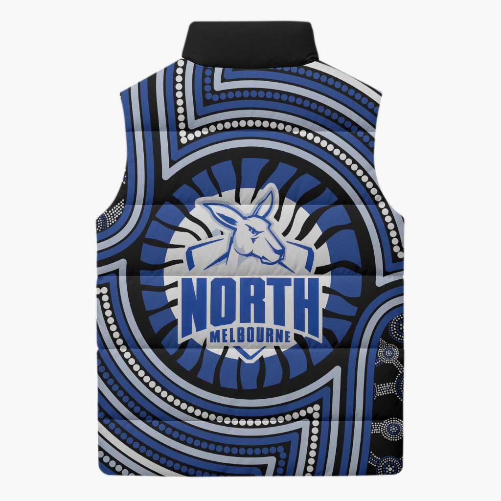 North Melbourne Kangaroos Sleeveless Puffer Jacket Indigenous Monochrome Dot Art Mascot Style