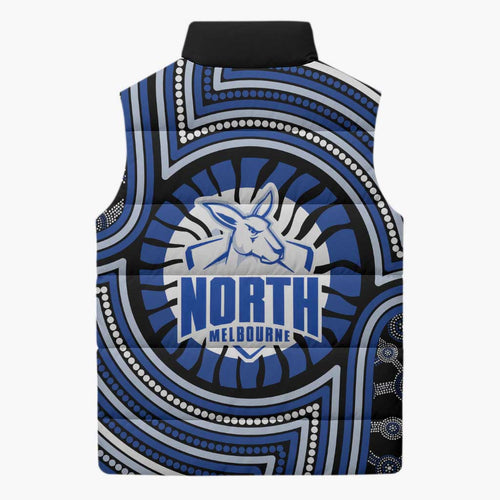 North Melbourne Kangaroos Sleeveless Puffer Jacket Indigenous Monochrome Dot Art Mascot Style