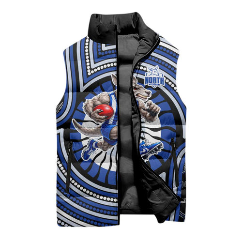 North Melbourne Kangaroos Sleeveless Puffer Jacket Indigenous Monochrome Dot Art Mascot Style
