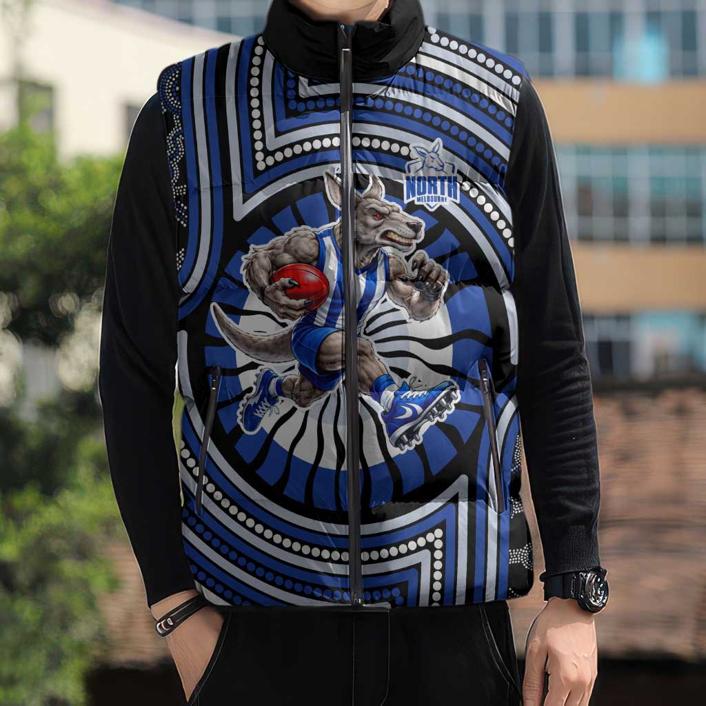 North Melbourne Kangaroos Sleeveless Puffer Jacket Indigenous Monochrome Dot Art Mascot Style