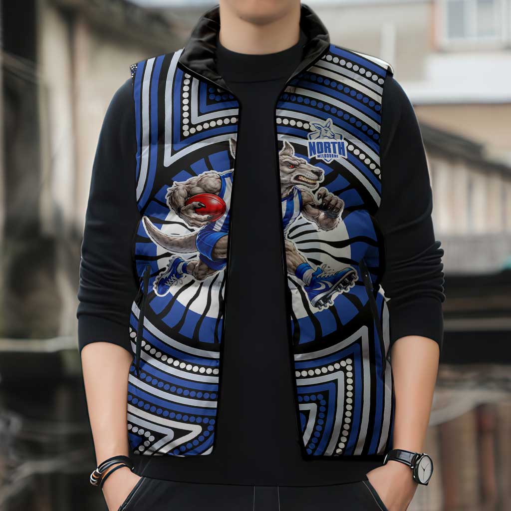 North Melbourne Kangaroos Sleeveless Puffer Jacket Indigenous Monochrome Dot Art Mascot Style