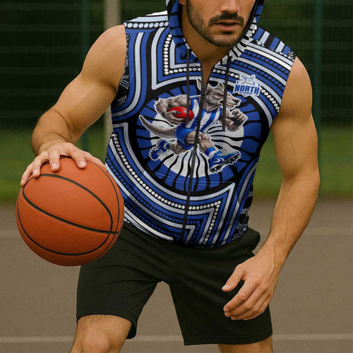 North Melbourne Kangaroos Sleeveless Zip Hoodie Indigenous Monochrome Dot Art Mascot Style