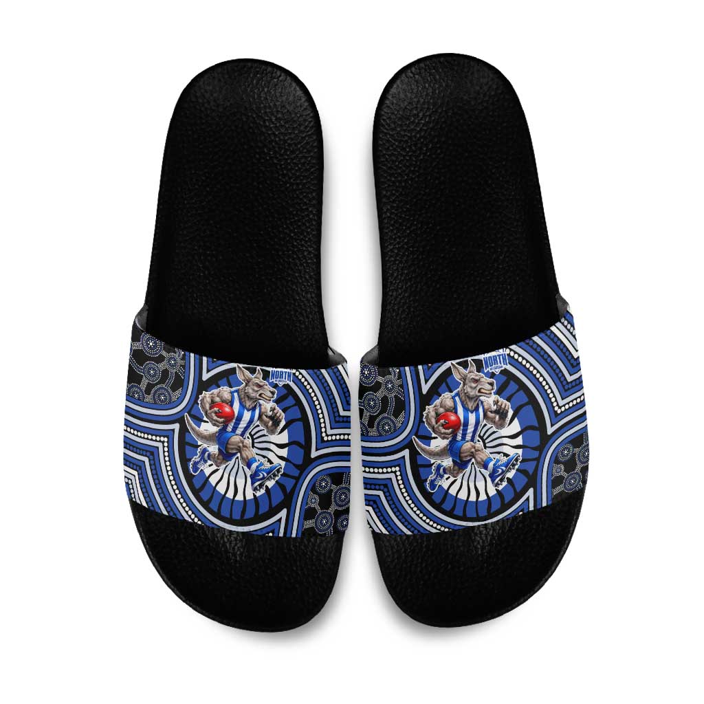 North Melbourne Kangaroos Slide Sandals Indigenous Monochrome Dot Art Mascot Style