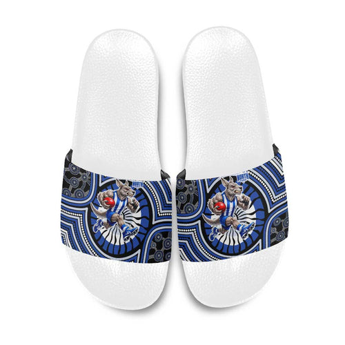 North Melbourne Kangaroos Slide Sandals Indigenous Monochrome Dot Art Mascot Style