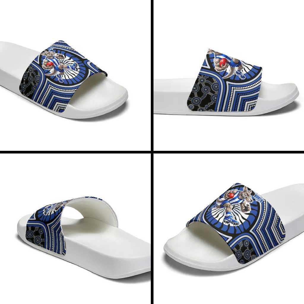 North Melbourne Kangaroos Slide Sandals Indigenous Monochrome Dot Art Mascot Style