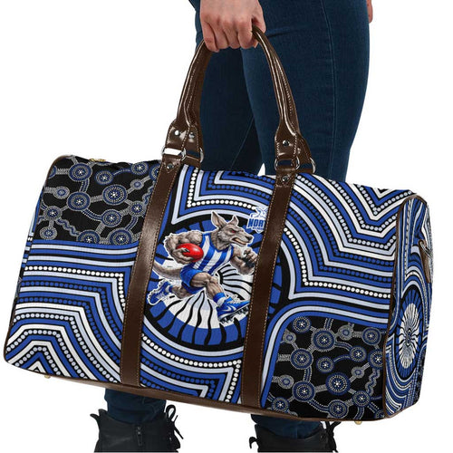 North Melbourne Kangaroos Travel Bag Indigenous Monochrome Dot Art Mascot Style
