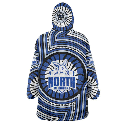 North Melbourne Kangaroos Wearable Blanket Hoodie Indigenous Monochrome Dot Art Mascot Style