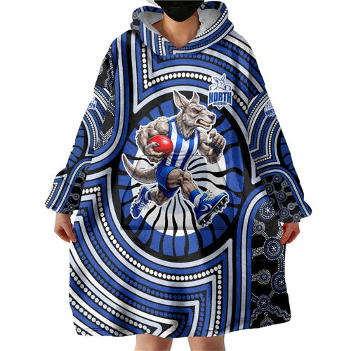 North Melbourne Kangaroos Wearable Blanket Hoodie Indigenous Monochrome Dot Art Mascot Style