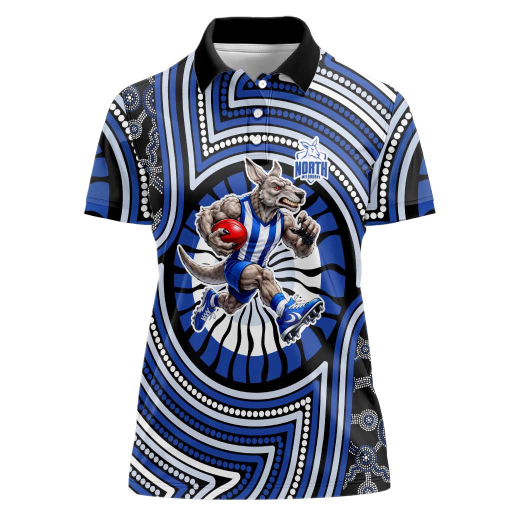North Melbourne Kangaroos Women Polo Shirt Indigenous Monochrome Dot Art Mascot Style