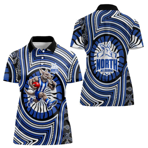 North Melbourne Kangaroos Women Polo Shirt Indigenous Monochrome Dot Art Mascot Style
