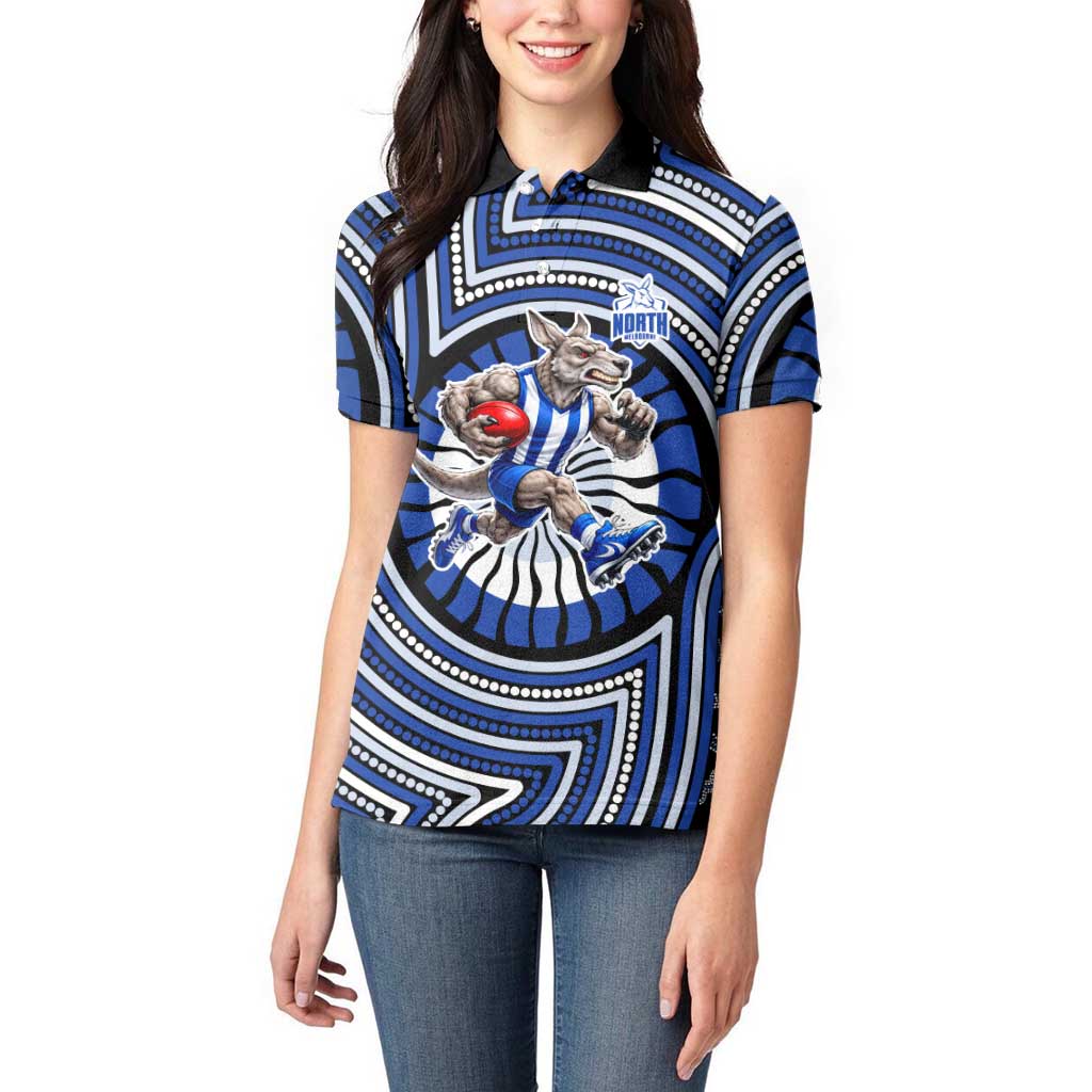 North Melbourne Kangaroos Women Polo Shirt Indigenous Monochrome Dot Art Mascot Style