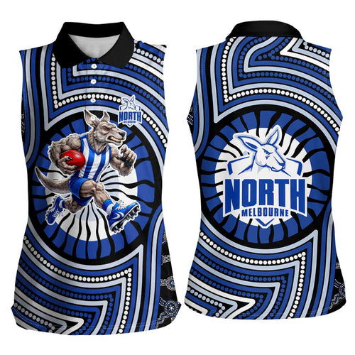 North Melbourne Kangaroos Women Sleeveless Polo Shirt Indigenous Monochrome Dot Art Mascot Style