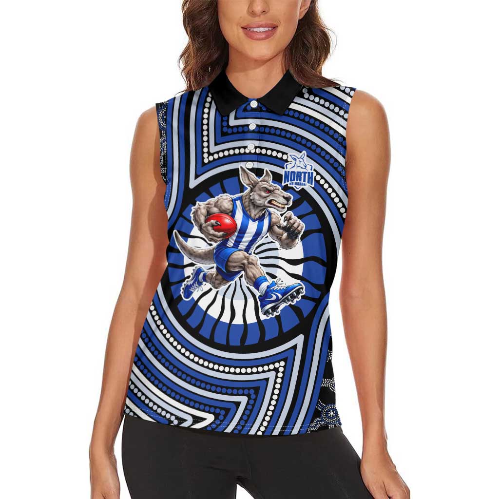 North Melbourne Kangaroos Women Sleeveless Polo Shirt Indigenous Monochrome Dot Art Mascot Style