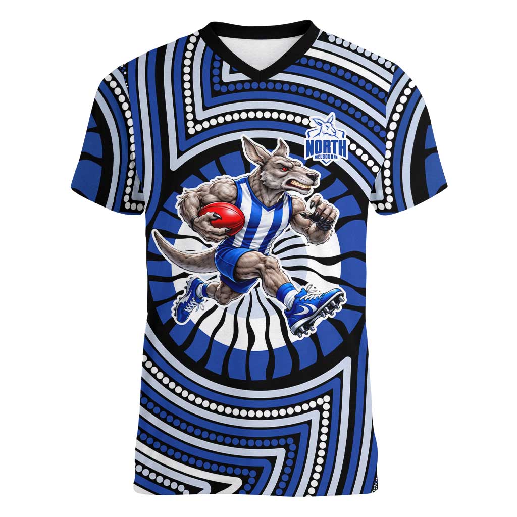 North Melbourne Kangaroos Women V-Neck T-Shirt Indigenous Monochrome Dot Art Mascot Style