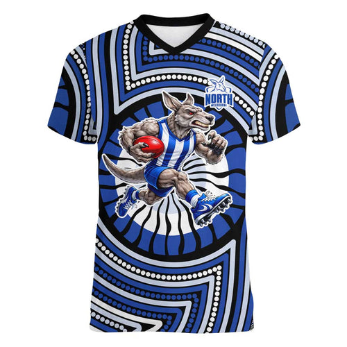 North Melbourne Kangaroos Women V-Neck T-Shirt Indigenous Monochrome Dot Art Mascot Style