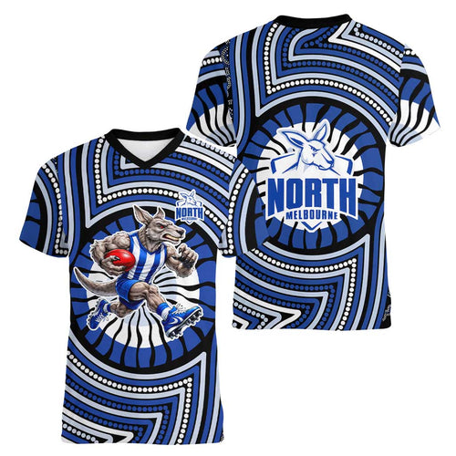 North Melbourne Kangaroos Women V-Neck T-Shirt Indigenous Monochrome Dot Art Mascot Style