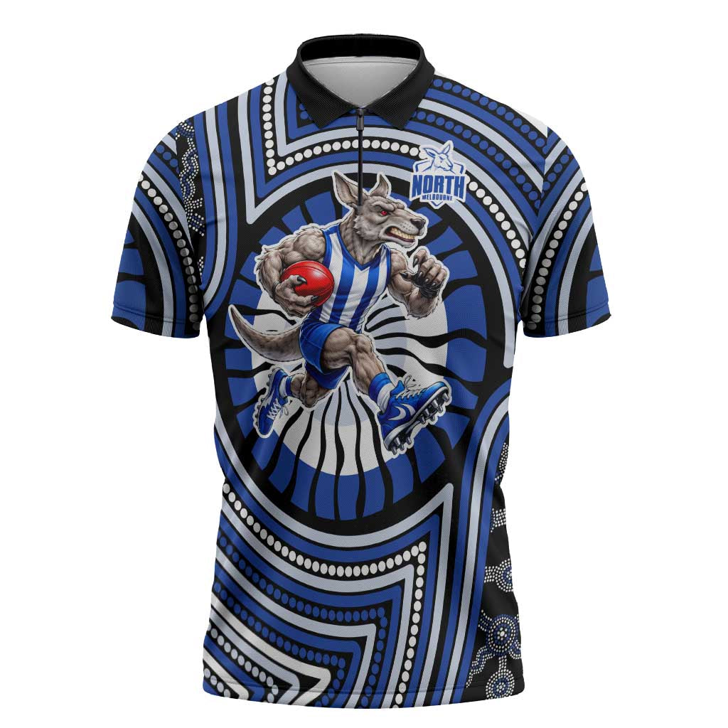 North Melbourne Kangaroos Zipper Polo Shirt Indigenous Monochrome Dot Art Mascot Style