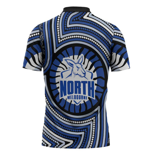 North Melbourne Kangaroos Zipper Polo Shirt Indigenous Monochrome Dot Art Mascot Style