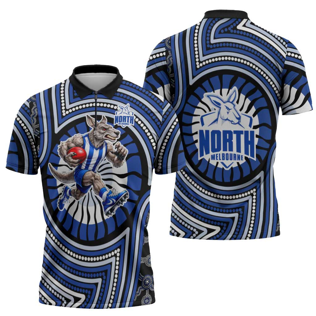 North Melbourne Kangaroos Zipper Polo Shirt Indigenous Monochrome Dot Art Mascot Style