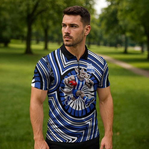 North Melbourne Kangaroos Zipper Polo Shirt Indigenous Monochrome Dot Art Mascot Style