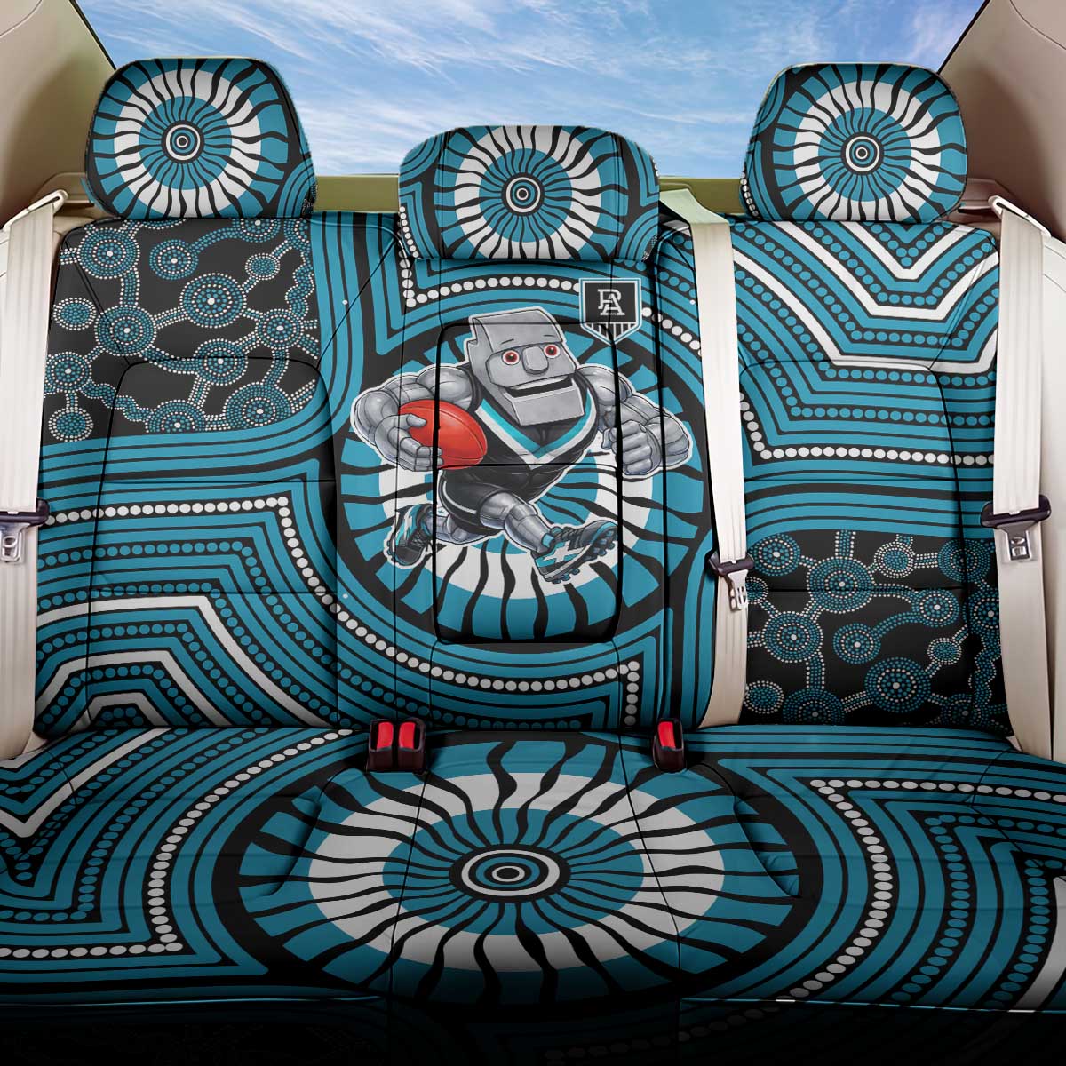 Port Adelaide Football Club Back Car Seat Cover Indigenous Monochrome Dot Art Mascot Style
