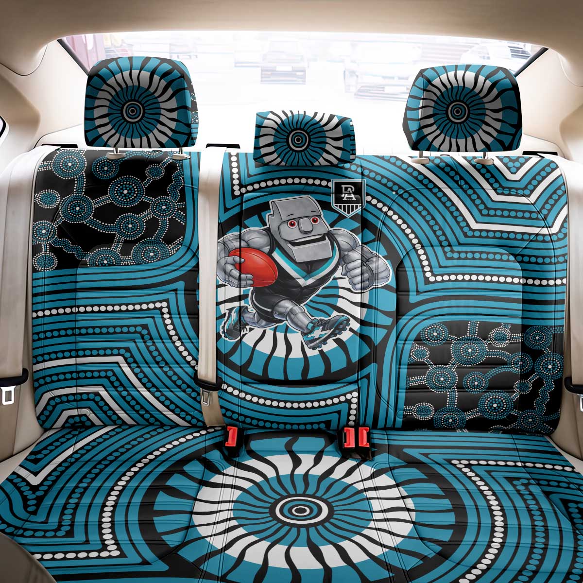 Port Adelaide Football Club Back Car Seat Cover Indigenous Monochrome Dot Art Mascot Style